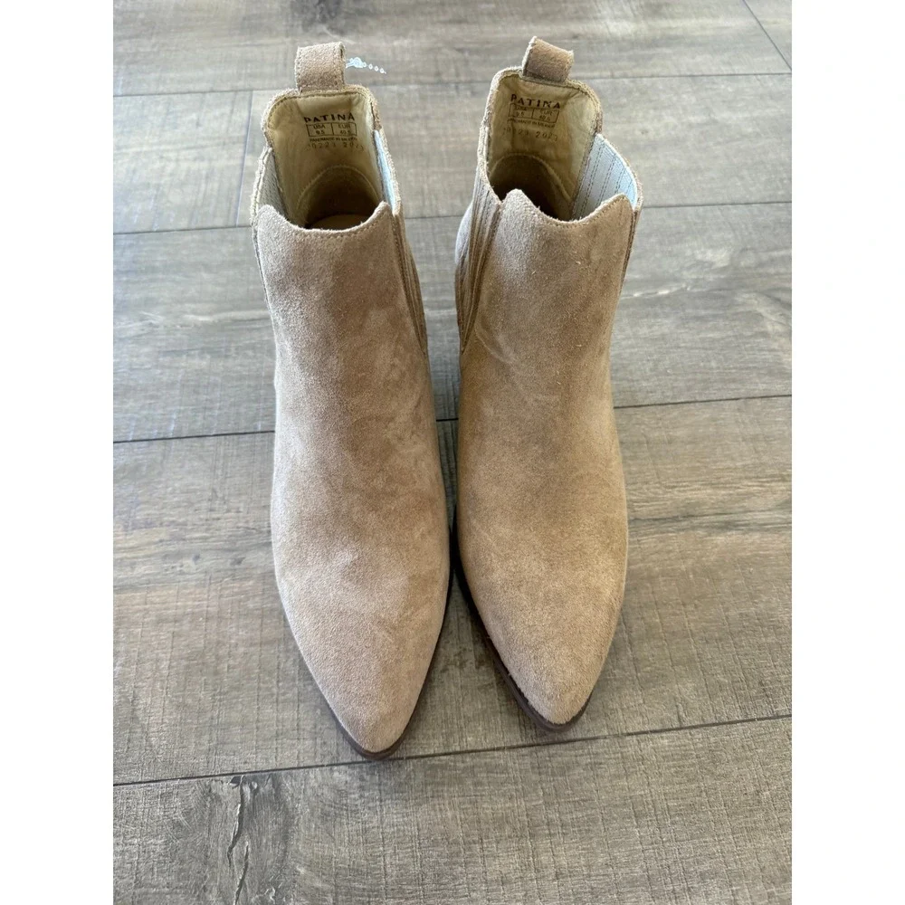 NWOT Patina Women Tan Suede Leather Ankle‎ Booties Wood Heel Western Cowgirl 9.5